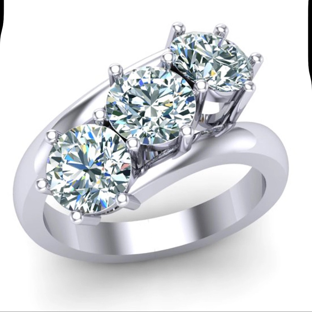 3 Stone 3.14Ct Vvs1:,Blue White Round Moissanite Diamond Engagement Silver Ring - Picture 5 of 5